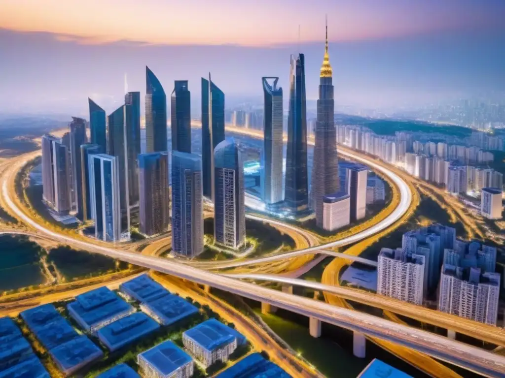 Redes viales modernas entre rascacielos: integración urbana Vista aérea de una ciudad vibrante con impacto de infraestructura vial en inversión inmobiliaria