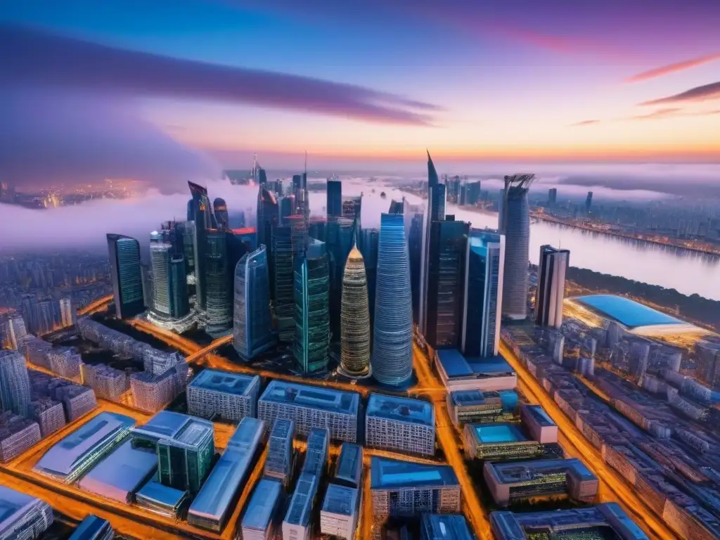 Espectacular ciudad futurista iluminada al atardecer Vista aérea de ciudad vibrante al atardecer con edificios comerciales modernos iluminados
