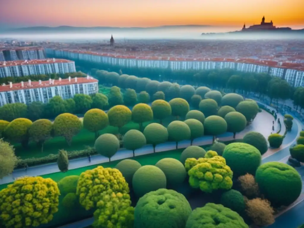 Cityscape moderno en España al atardecer Vista aérea de una ciudad española vibrante con arquitectura moderna y parques verdes, consejos financieros compra vivienda España