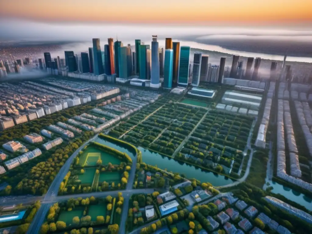 Armonía entre ciudad y naturaleza: paisaje urbano en alta resolución Vista aérea de ciudad vibrante, uniendo urbanismo y cultura en paisaje armonioso