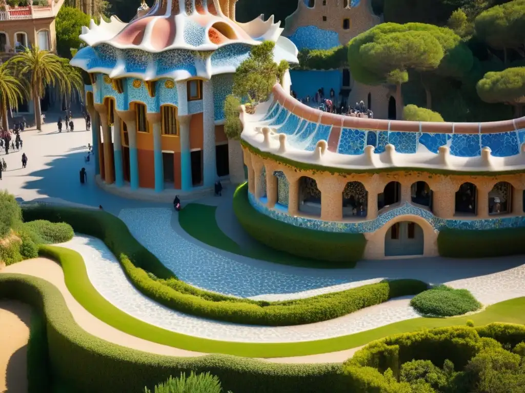 Mosaicos vibrantes y arquitectura única en Park Güell, Barcelona Vista aérea de los coloridos mosaicos de Park Güell en Barcelona, destacando la arquitectura única de Gaudí