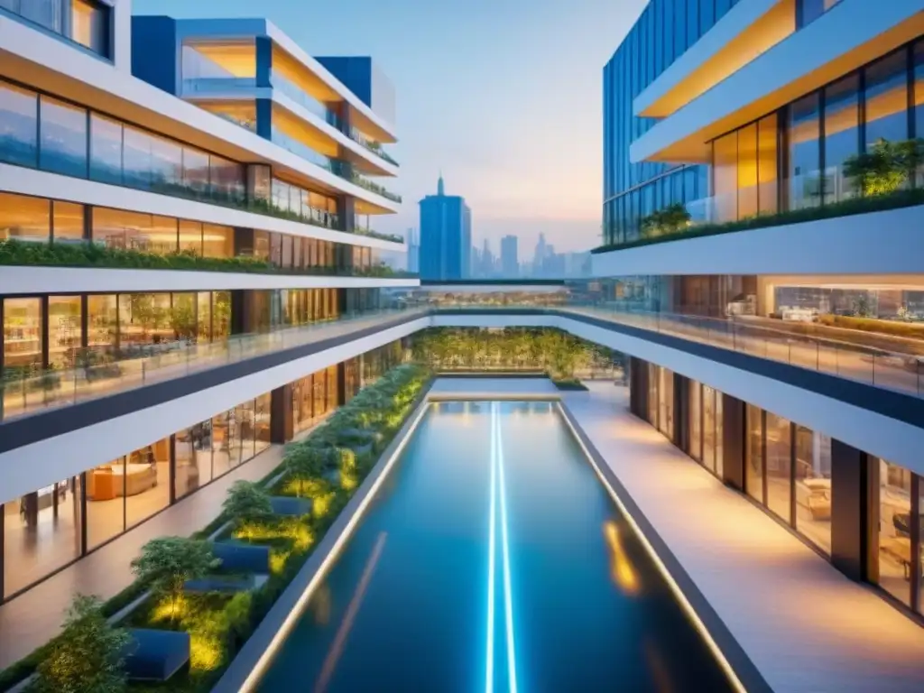 Complejo comercial futurista: arquitectura innovadora en ciudad vibrante Vista aérea de complejo comercial multifuncional futurista con diseño innovador en ciudad vibrante