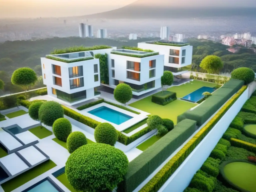 Condominio de diseño moderno en CDMX Vista aérea de un complejo de condominios moderno en Ciudad de México, reflejando la arquitectura y áreas verdes