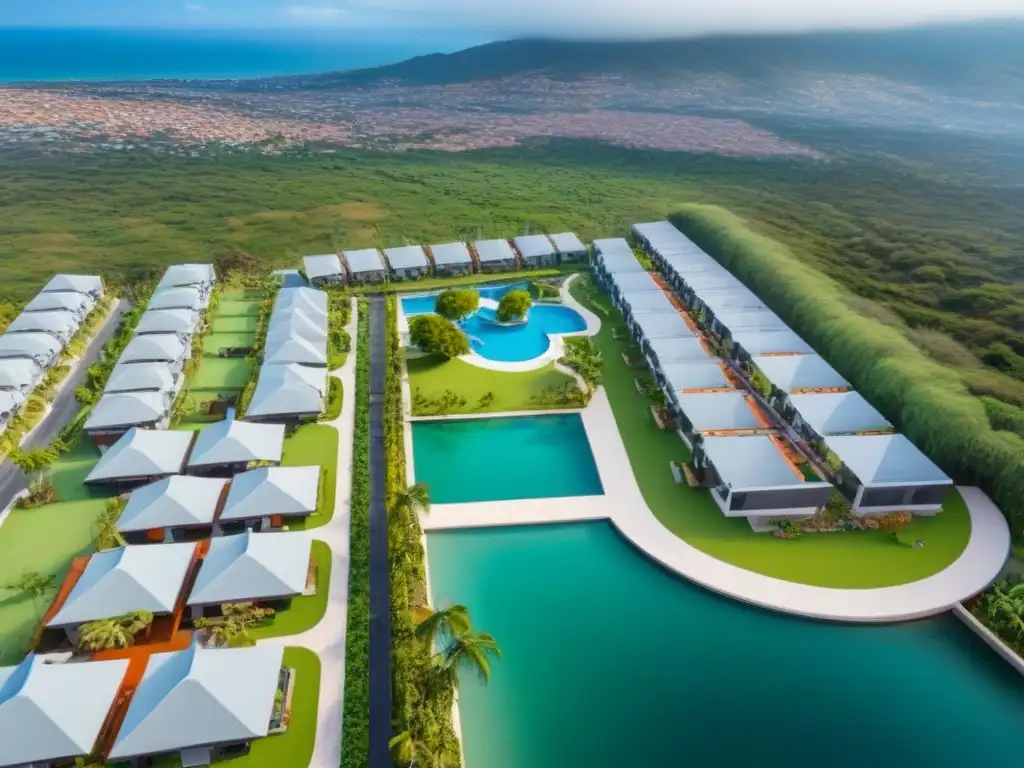 Residencial moderno en México: Ley de Fraccionamientos Vista aérea de complejo residencial en México con casas, áreas verdes, piscina y canchas de tenis, destacando la Ley de Fraccionamientos en México