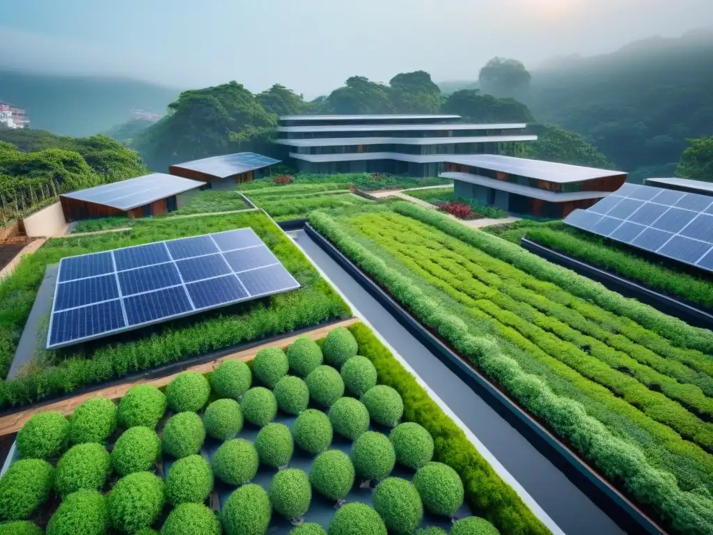 Eco complejo residencial: armonía entre sostenibilidad y modernidad Vista aérea de un complejo residencial sostenible integrando principios sostenibles inmobiliarios y arquitectura moderna