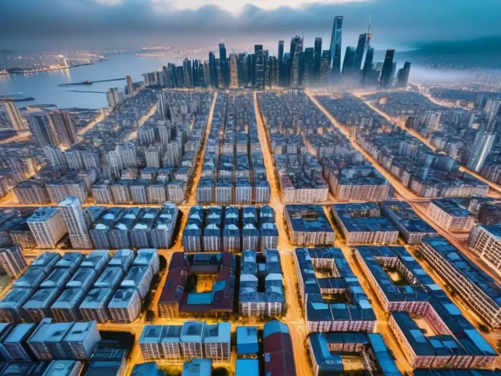 Contraste urbano: lujo vs pobreza en la ciudad Vista aérea que muestra el contraste entre un distrito de rascacielos lujosos y una zona urbana empobrecida