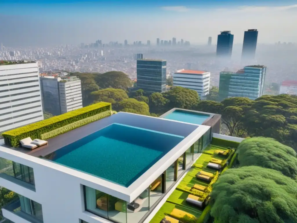 Residencial de lujo en CDMX: arquitectura moderna y exclusividad Vista aérea de un desarrollo de lujo en México con arquitectura moderna, piscina en la azotea y exuberante vegetación en la ciudad