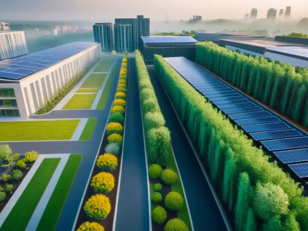 Desarrollo urbano sostenible: naturaleza, tecnología y comunidad Vista aérea de desarrollo urbano sostenible con techos verdes, paneles solares, ciclovías y transporte público eficiente