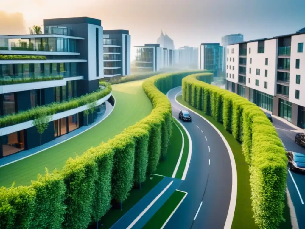 Metrópolis sostenible: arquitectura eco en un entorno urbano moderno Vista aérea de desarrollo urbano moderno con edificios certificados LEED, zonas verdes y transporte sostenible