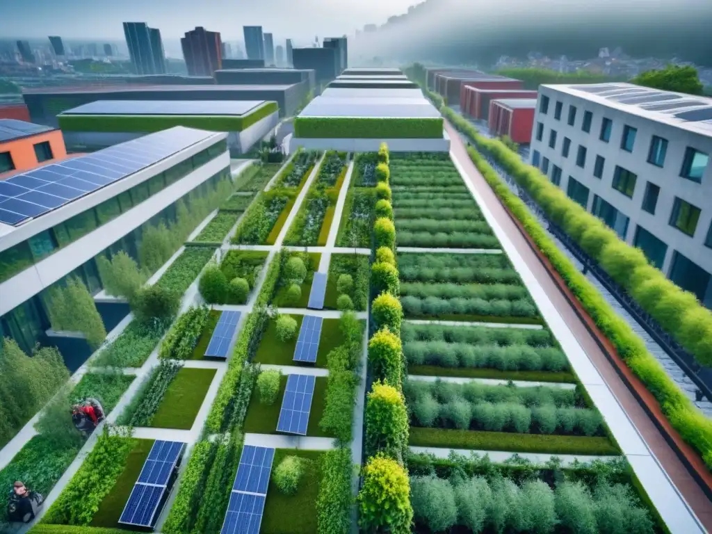 Urbanismo sostenible: innovación verde y diversidad en la ciudad del futuro Vista aérea de un desarrollo urbano sostenible con espacios verdes, paneles solares, ciclovías y jardines comunitarios