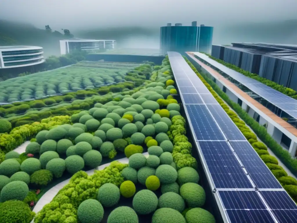 Desarrollo urbano sostenible: arquitectura verde y moderna Vista aérea de desarrollo urbano sostenible con edificios ecoamigables, paneles solares y jardines verticales