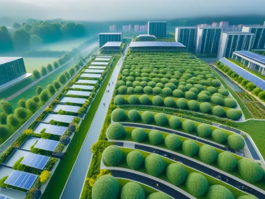 Urbanismo sostenible: armonía entre naturaleza y diseño urbano Vista aérea de desarrollo urbano sostenible con techos verdes, paneles solares y ciclovías