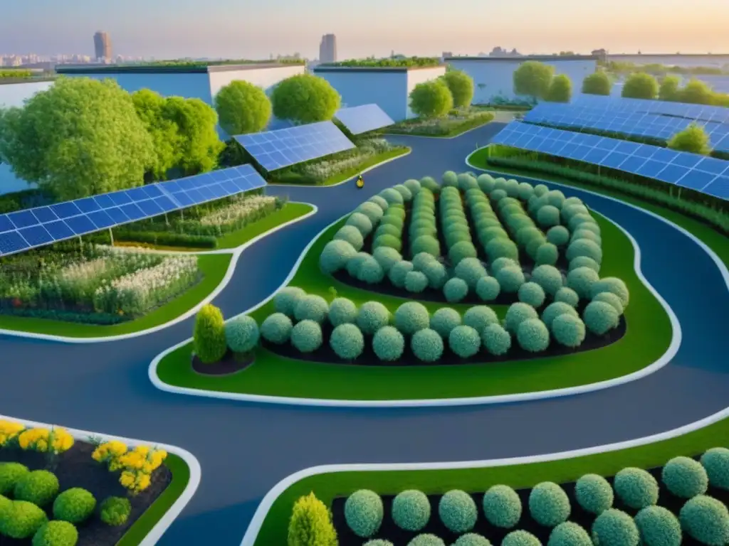 Desarrollo urbano sostenible: ¡Cero emisiones y diversión al aire libre! Vista aérea de un desarrollo urbano sostenible con espacios verdes, paneles solares, ciclovías y jardín comunitario, personas diversas realizando actividades al aire libre bajo un cielo azul claro