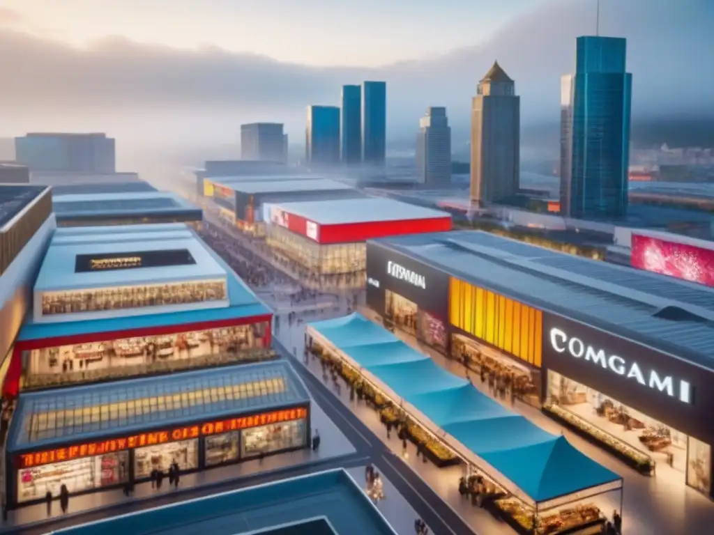 Centro comercial moderno: vitalidad y diversidad en la ciudad Vista aérea deslumbrante de un bullicioso centro comercial moderno, destacando tiendas, restaurantes y entretenimiento