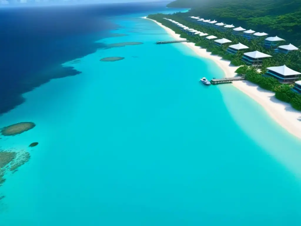 Paraíso caribeño: lujo y naturaleza en armonía Vista aérea detallada del Caribe: aguas turquesas, isla tropical con propiedades lujosas y yates en muelles