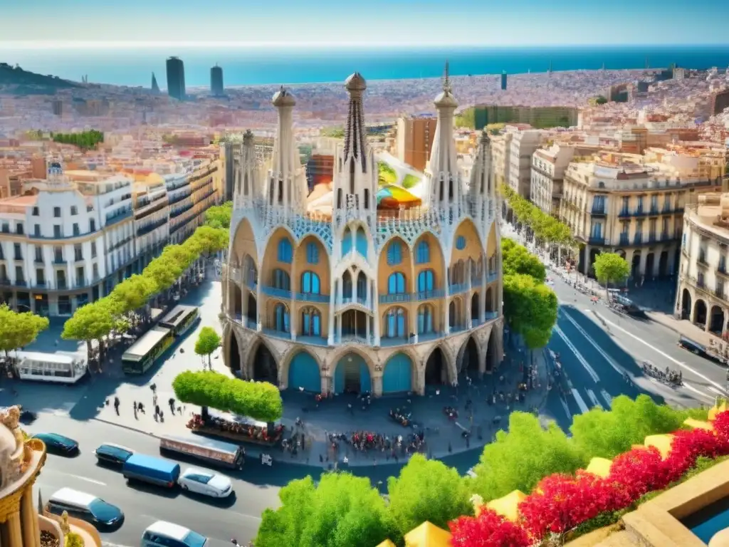 Barcelona: mezcla de historia y modernidad Vista aérea detallada de Barcelona, con arquitectura histórica y rascacielos modernos bajo un cielo azul