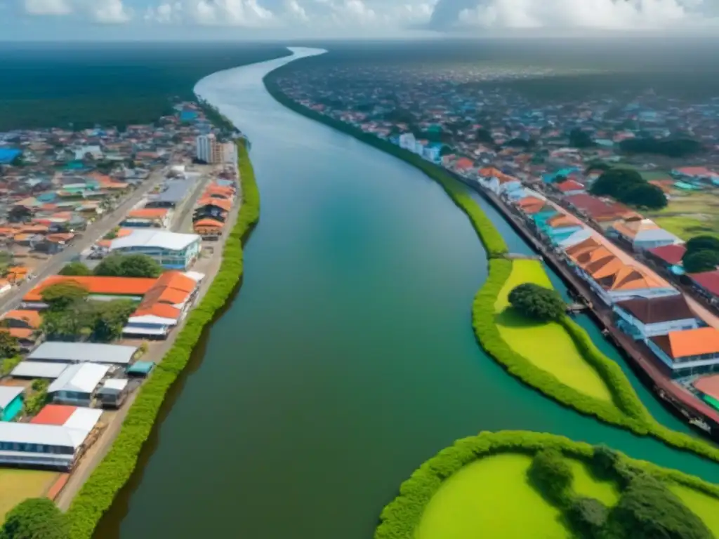 Fascinante skyline de Paramaribo, Surinam: arquitectura colonial y moderna 'Vista aérea detallada de Paramaribo, Surinam, fusionando arquitectura colonial holandesa con rascacielos modernos