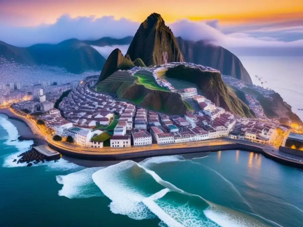 Skyline de Lima: evolución arquitectónica al atardecer Vista aérea detallada de Lima, Perú, con arquitectura tradicional y modernos rascacielos frente al mar