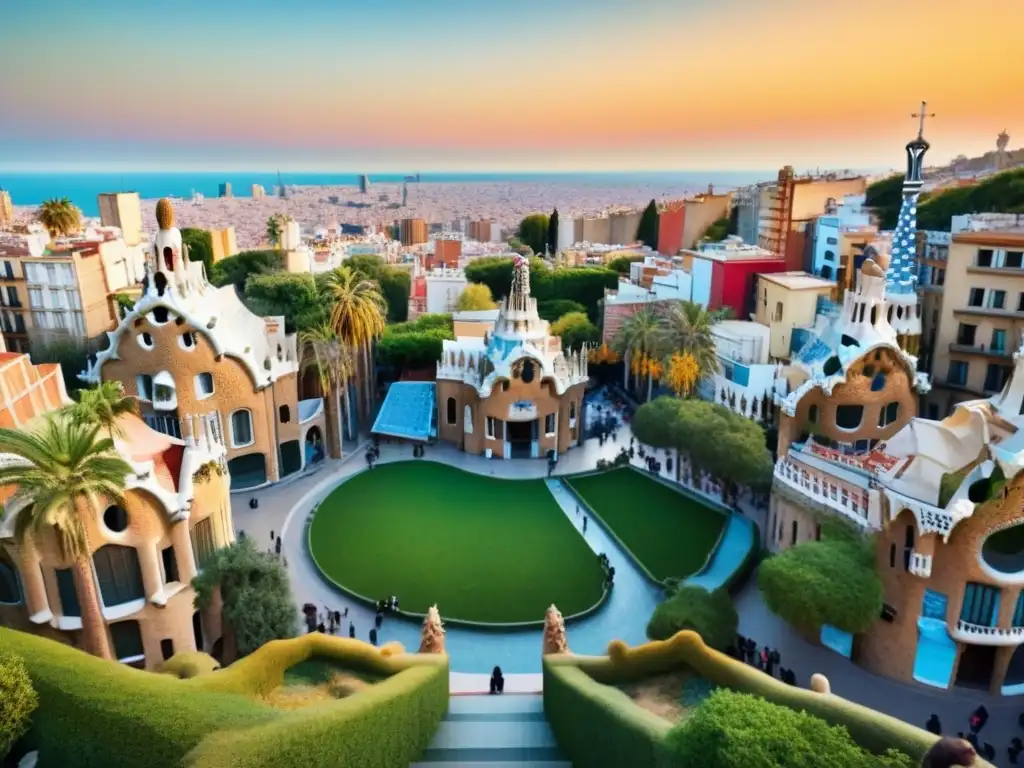 Barcelona al atardecer: símbolo de inversión inmobiliaria en España Vista aérea detallada de Barcelona al atardecer, con Sagrada Familia, Park Güell y calles coloridas