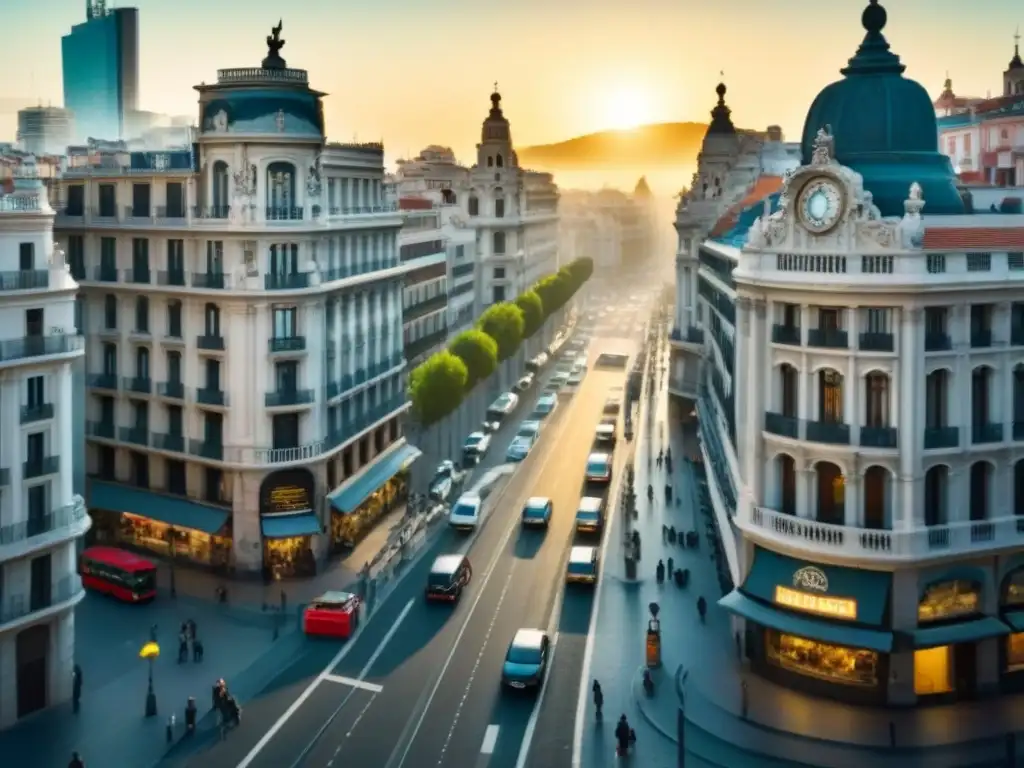 Vista aérea detallada de Madrid al atardecer: ¡Inversión inmobiliaria! Vista aérea detallada de Madrid al atardecer, mezclando modernidad y tradición