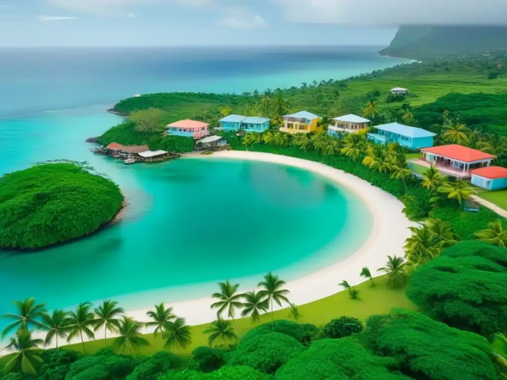 Vecindario residencial en Jamaica: lujo y serenidad caribeña Vista aérea detallada de un barrio residencial moderno en Jamaica con casas coloridas, jardines verdes, palmeras y el mar Caribe al fondo, reflejando la esencia vibrante de la arquitectura jamaicana y la belleza serena de la vida en la isla, en s