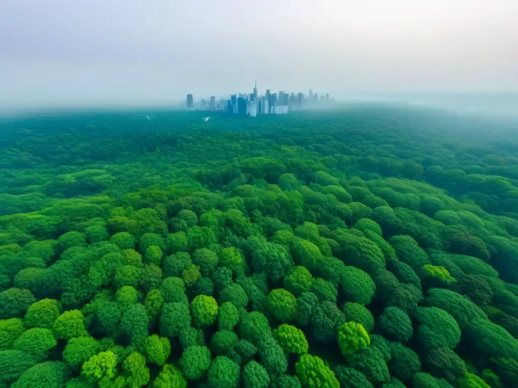 Contraste urbano: bosque verde frente al impacto humano Vista aérea detallada de un bosque verde rodeado de desarrollo urbano, destacando la armonía entre naturaleza y ciudad