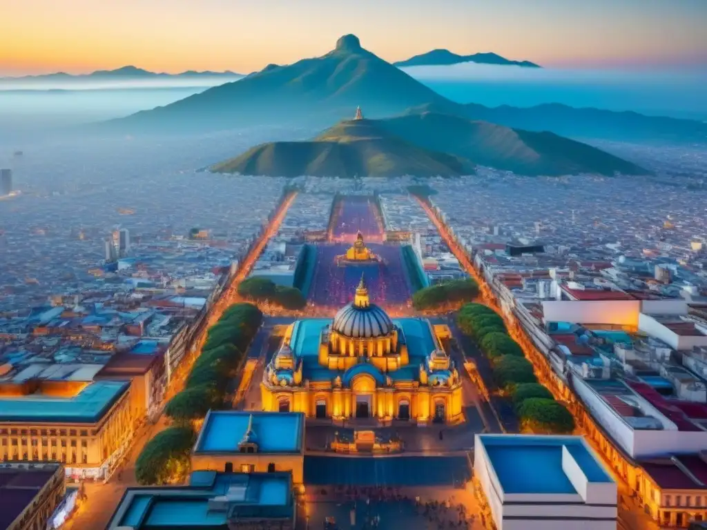 Skyline vibrante de la Ciudad de México: historia y modernidad Vista aérea detallada de la bulliciosa Ciudad de México, con mezcla de arquitectura colonial y rascacielos modernos, calles vibrantes y gente, rodeada de montañas y cielo azul