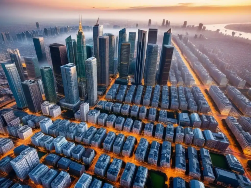 Vista aérea detallada de una bulliciosa ciudad, resaltando la diversidad de inversiones inmobiliarias que gestionan los REITs