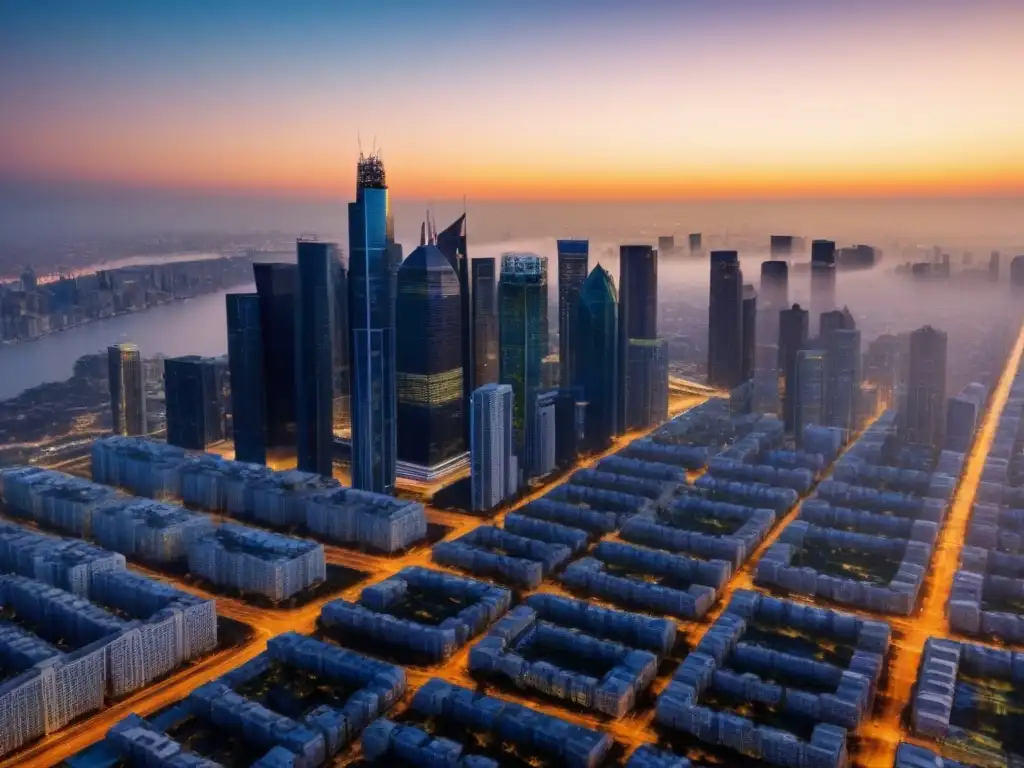 Esplendor urbano al atardecer: modernos rascacielos en una ciudad vibrante Vista aérea detallada de una bulliciosa ciudad al atardecer, con altos rascacielos y carreteras intrincadas