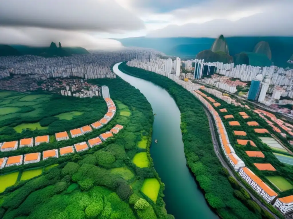 Cityscape en Sudamérica: impacto de regulaciones en mercado inmobiliario Vista aérea detallada de una bulliciosa ciudad en Sudamérica, entre rascacielos y edificios tradicionales, con ríos y vegetación exuberante