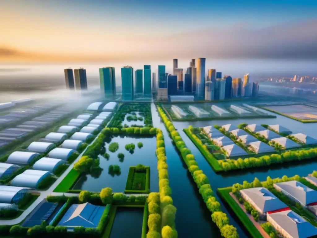 Portfolio inmobiliario diversificado: modernidad y potencial de inversión Vista aérea detallada de una cartera diversa de propiedades inmobiliarias, mostrando edificios modernos y almacenes industriales, con una ciudad bulliciosa de fondo y parques verdes