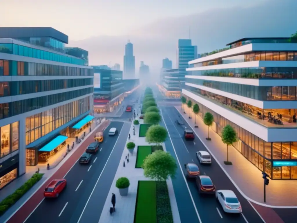 Centro urbano vibrante con arquitectura contemporánea 'Vista aérea detallada de un centro urbano bullicioso con espacios comerciales multifuncionales en una ubicación clave'