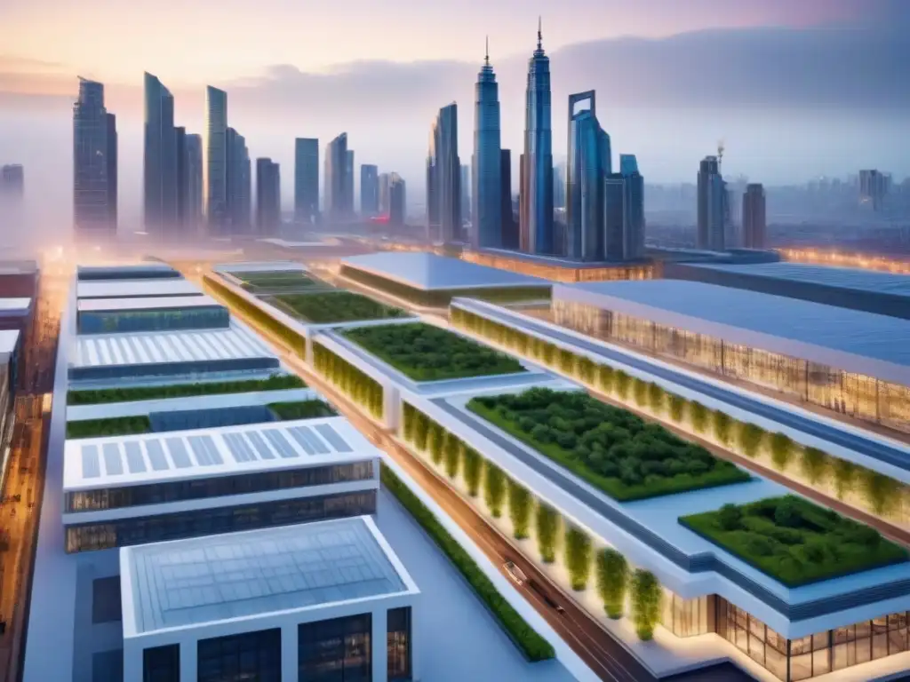 Centro urbano moderno: arquitectura multifuncional en acción Vista aérea detallada de centro urbano con espacios comerciales multifuncionales integrados