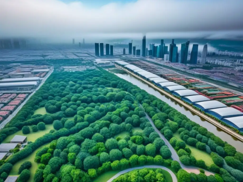 Centro urbano moderno con espacios comerciales multifuncionales Vista aérea detallada de un centro urbano con espacios comerciales multifuncionales integrados estratégicamente en áreas verdes y sociales