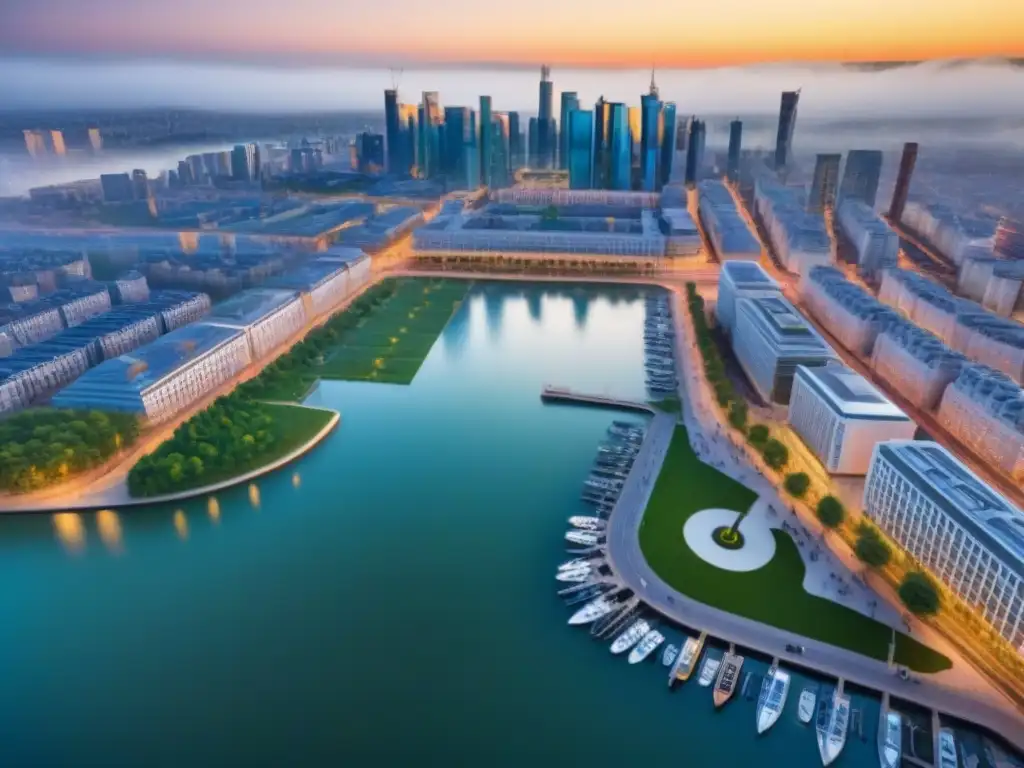 Centro urbano moderno: arquitectura vibrante y dinámica Vista aérea detallada de un centro urbano con edificios comerciales modernos interconectados, resaltando la importancia de la ubicación de espacios comerciales multifuncionales