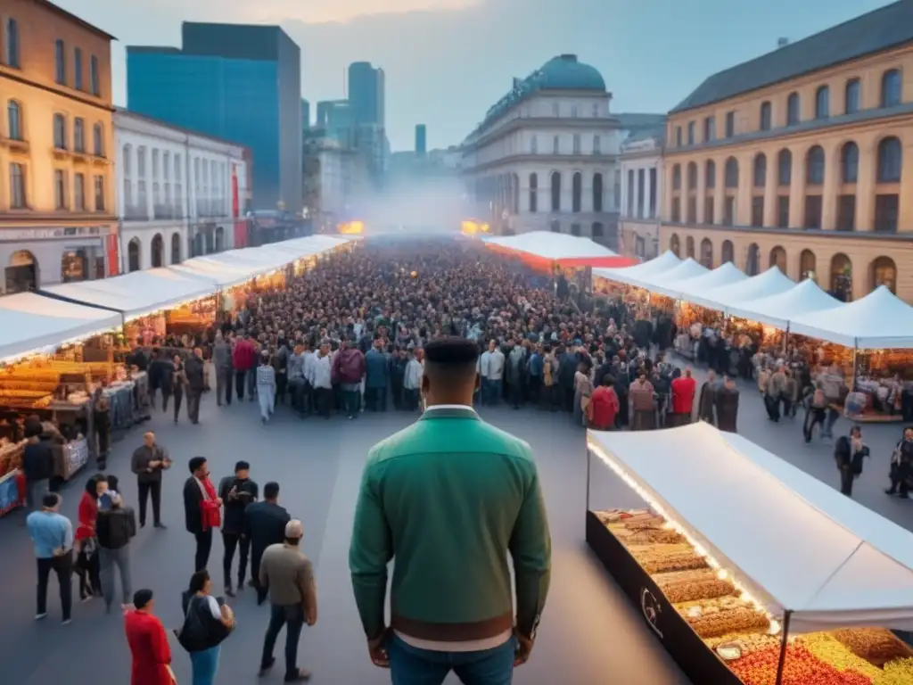 Festival cultural en la ciudad: arte callejero, música en vivo y diversidad Vista aérea detallada de un centro urbano en festival cultural, con arte callejero, puestos de comida y música en vivo
