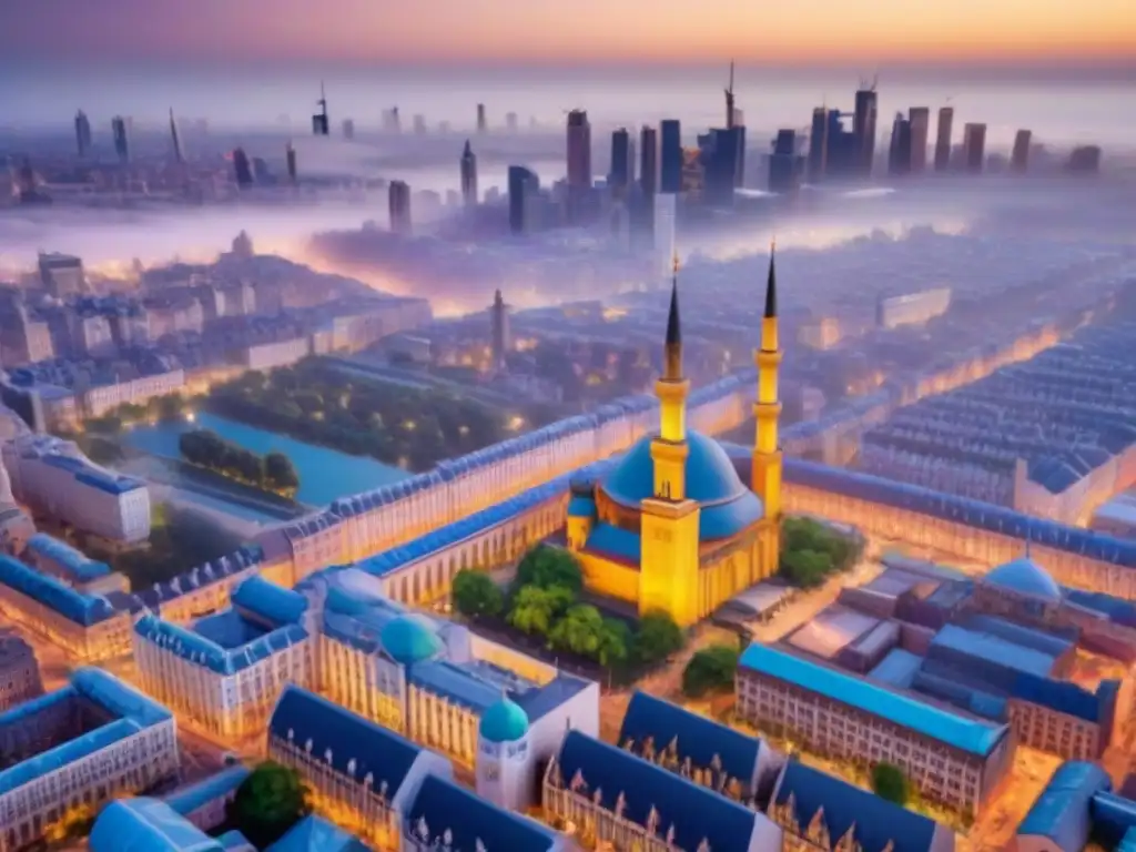 Vista aérea detallada de una ciudad vibrante con representación cultural en desarrollo urbano