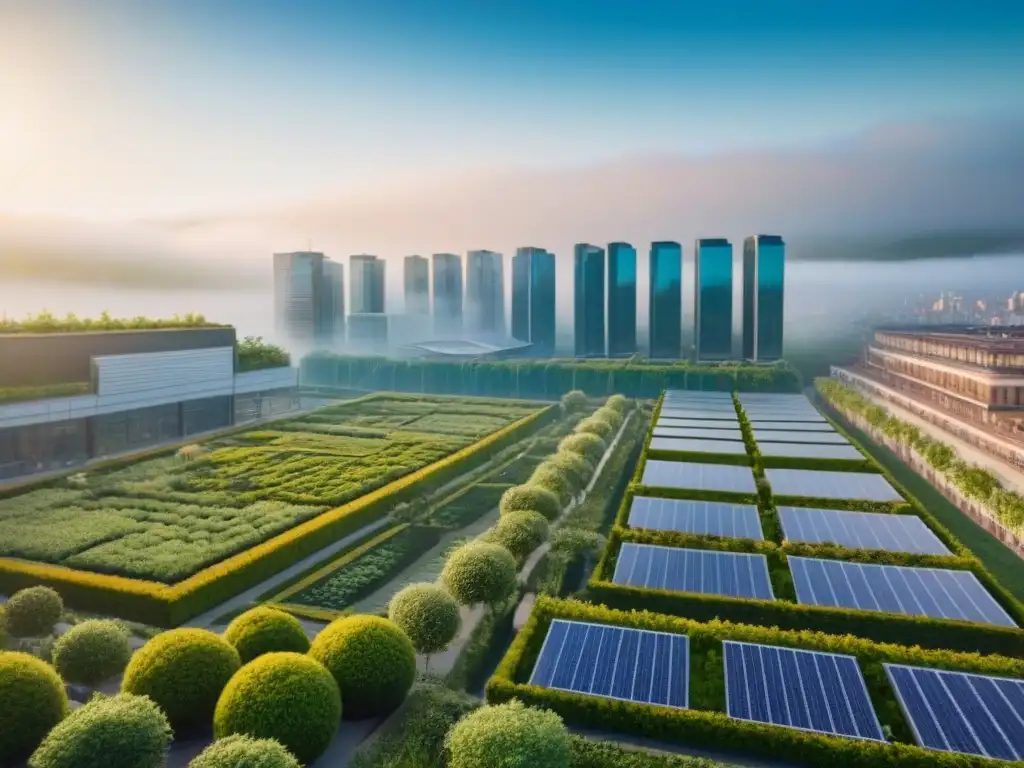 Arquitectura urbana sostenible: ciudades verdes del futuro Vista aérea detallada de ciudad moderna con jardines en azoteas y paneles solares, cumpliendo con regulaciones ambientales restauración inmobiliaria