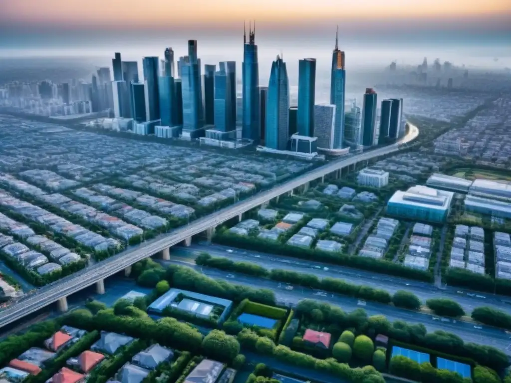 Metrópolis moderna: crecimiento inmobiliario y prosperidad Vista aérea detallada de una ciudad bulliciosa con rascacielos modernos y edificios residenciales, simbolizando el crecimiento de los Fondos de inversión inmobiliaria históricos