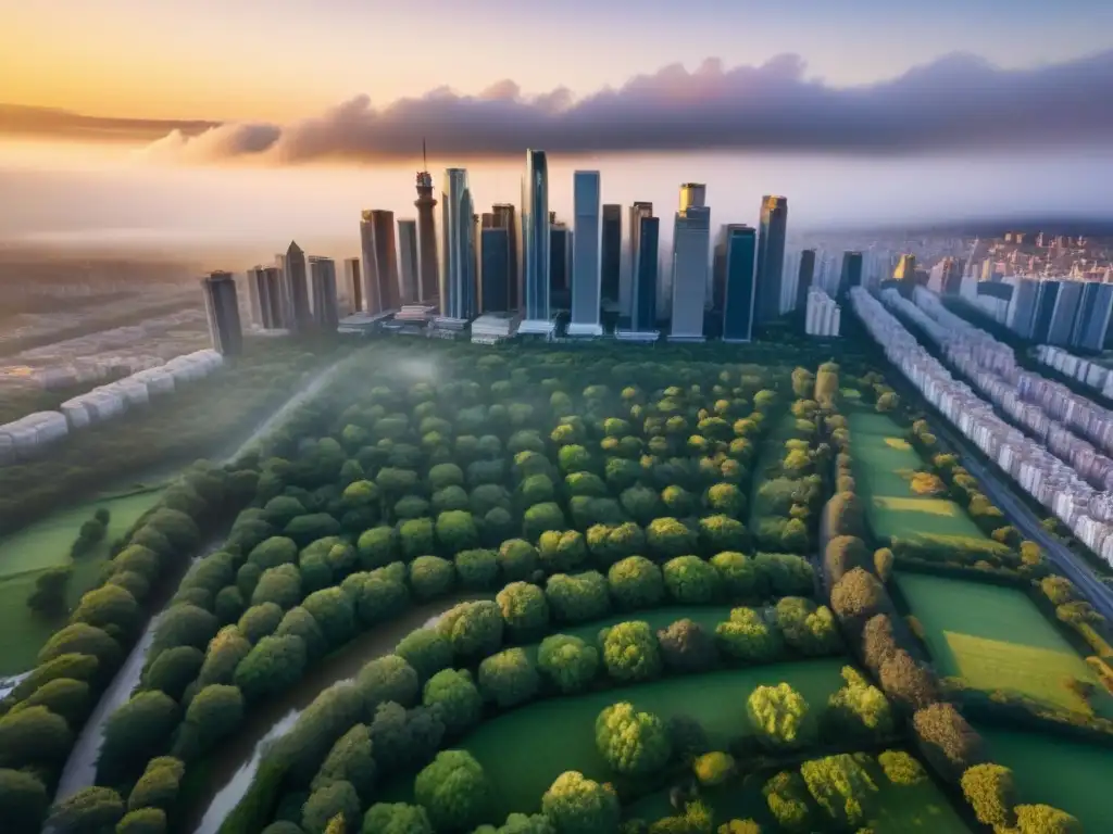 Horizonte urbano al atardecer: modernidad y naturaleza en armonía Vista aérea detallada de una ciudad en crecimiento al atardecer, reflejando modernidad y naturaleza