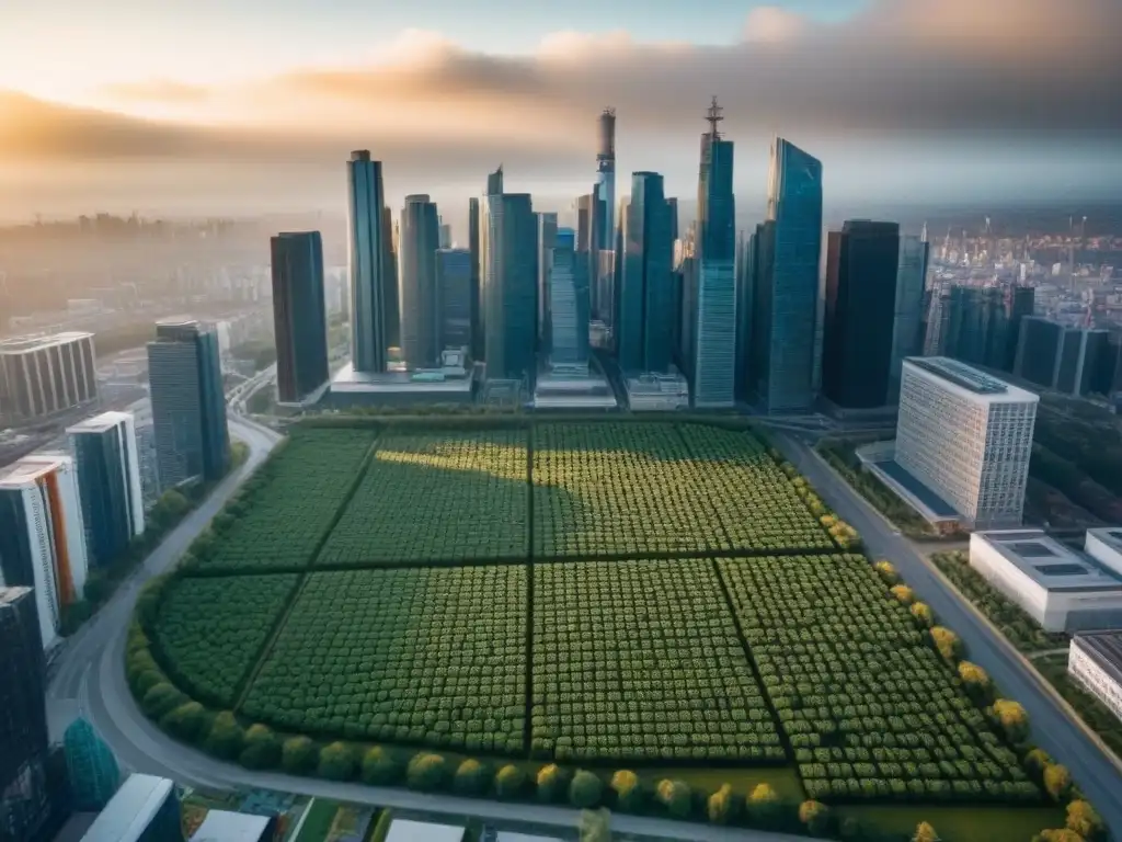 Horizonte urbano sostenible con certificaciones LEED y BREEAM Vista aérea detallada de una ciudad moderna con edificios que muestran certificaciones verdes