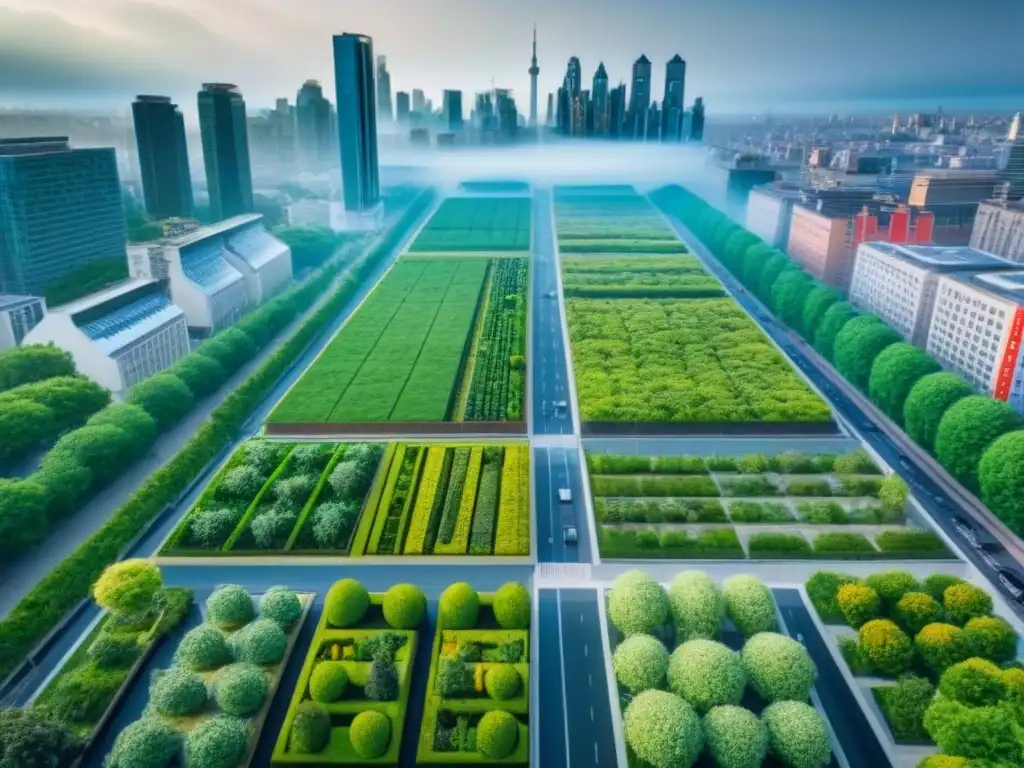 Metrópolis verde: la armonía entre naturaleza y ciudad Vista aérea detallada de una ciudad bulliciosa transformada por proyectos de infraestructura verde