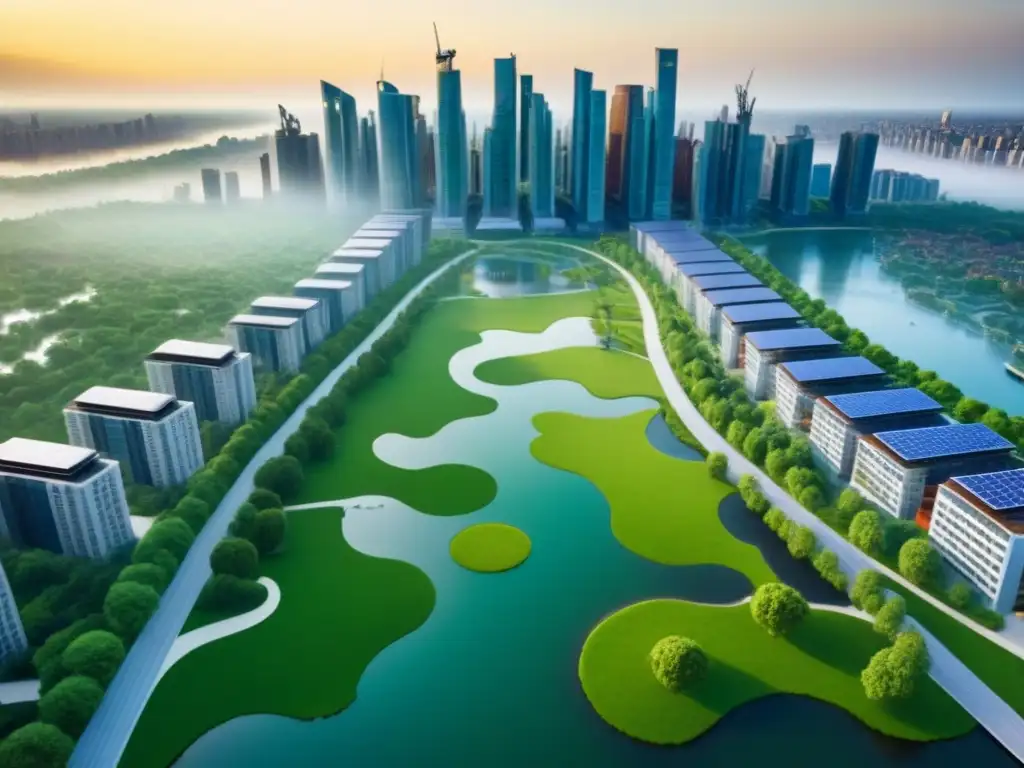 Urbanismo sostenible: ciudad verde y vibrante Vista aérea detallada de ciudad sostenible con espacios verdes, paneles solares y transporte público eficiente
