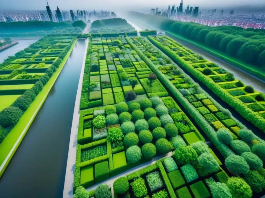 Cityscape verde: armonía entre naturaleza y arquitectura moderna Vista aérea detallada de una ciudad con infraestructura verde, resaltando techos y jardines verticales, calles arboladas y parques urbanos