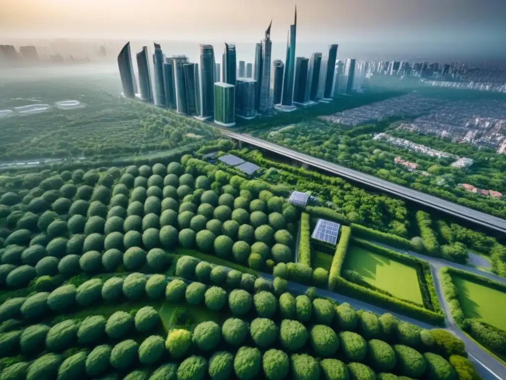Metrópolis sostenible: armonía entre ciudad y naturaleza Vista aérea detallada de ciudad sostenible con rascacielos modernos, espacios verdes y vehículos eléctricos