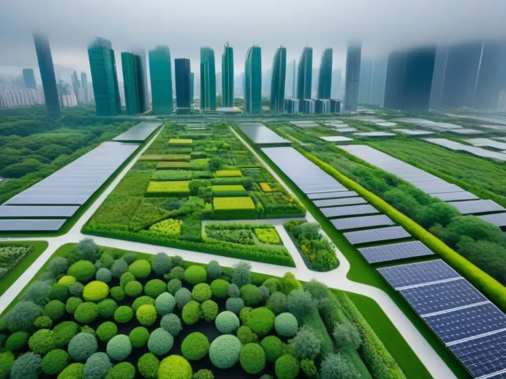 Metrópolis verde: arquitectura sostenible en la ciudad del futuro Vista aérea detallada de una ciudad moderna con techos verdes y jardines verticales, ejemplificando inversiones en infraestructura verde