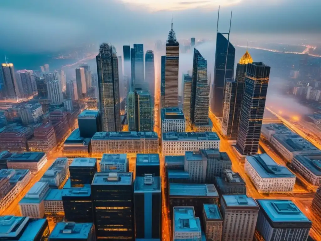 Contraste arquitectónico: pasado y futuro en la ciudad Vista aérea detallada de ciudad con mezcla de arquitectura histórica y moderna, simbolizando la transformación de propiedades en zonas históricas