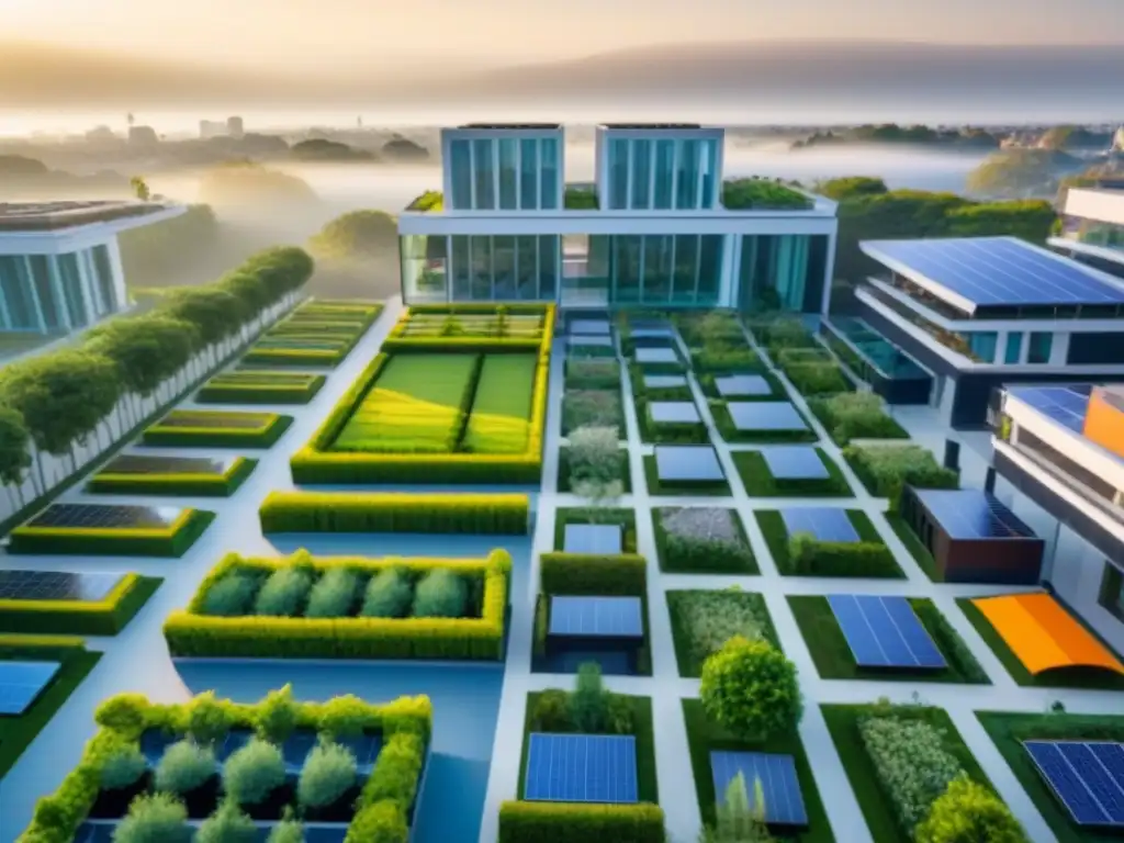 Arquitectura sostenible: ciudad moderna con edificios verdes y eficientes Vista aérea detallada de una ciudad con edificios modernos certificados verdes, jardines en azoteas y paneles solares