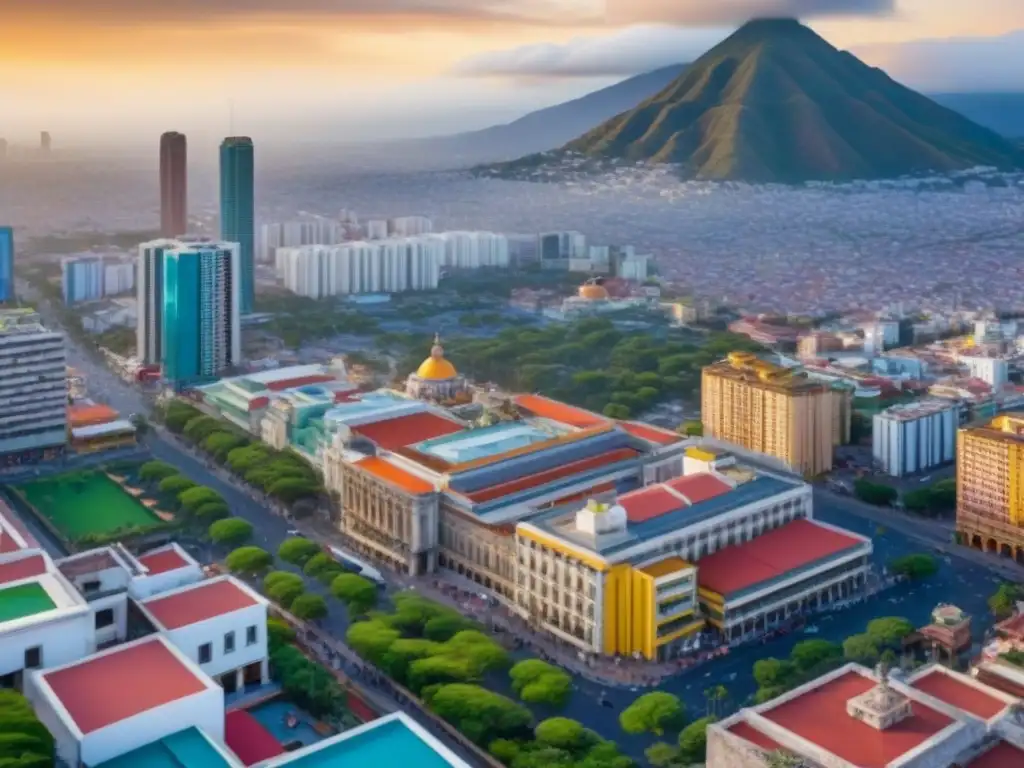 Vista panorámica de ciudad mexicana: mercado inmobiliario vibrante Vista aérea detallada de una ciudad mexicana, mezcla de modernos rascacielos y edificios coloniales, ilustrando el mercado inmobiliario en México
