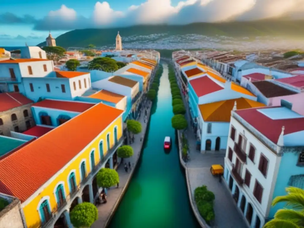 Cityscape dominicano: mezcla arquitectónica vibrante y dinámica Vista aérea detallada de una ciudad dominicana, con arquitectura tradicional y rascacielos modernos